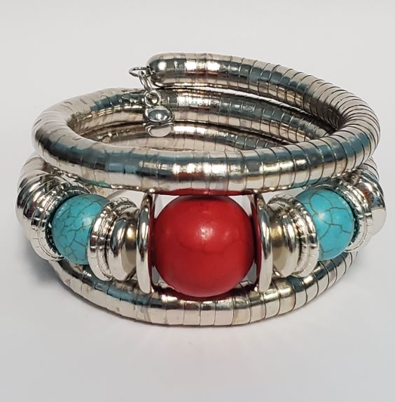 B299 Silver Red & Turquoise Bead Coil Bracelet - Iris Fashion Jewelry