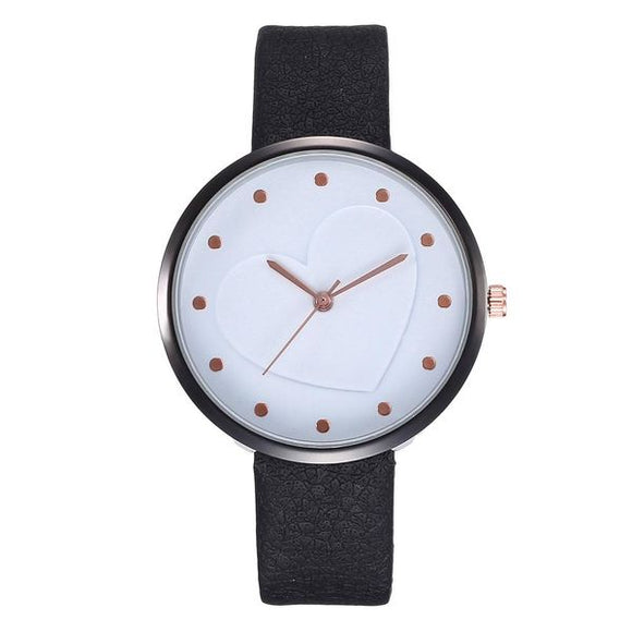 W12 Black Band White Face Rose Gold Heart Inlay Collection Quartz Watch - Iris Fashion Jewelry