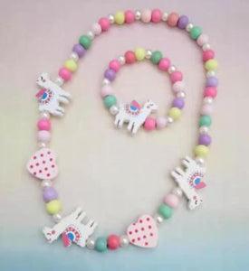 L336 Llama & Hearts Wooden Necklace & Bracelet Set - Iris Fashion Jewelry