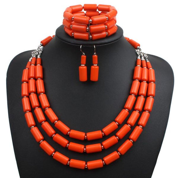 N1918 Silver Orange Bead Statement Necklace with FREE Earrings and Bracelet - Iris Fashion Jewelry