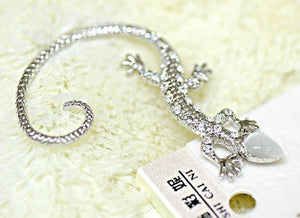 E1231 Silver with Rhinestones & Moonstone Gecko SINGLE Earring - Iris Fashion Jewelry