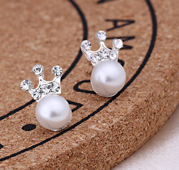 E13 Silver Rhinestone Crown Pearl Earrings - Iris Fashion Jewelry