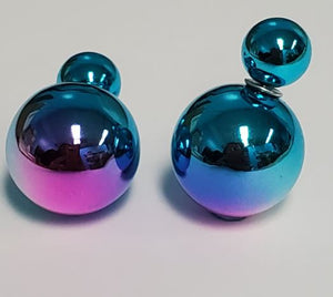 *E1240 Fashion Blue & Pink Two Tone Double Ball Earrings - Iris Fashion Jewelry