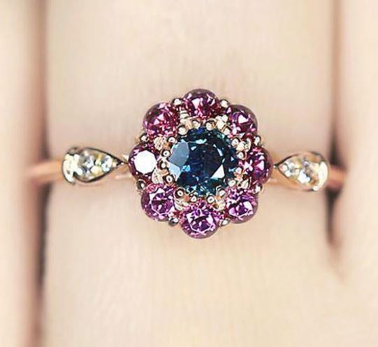 R37 Gold Purple & Blue Rhinestone Flower Ring - Iris Fashion Jewelry
