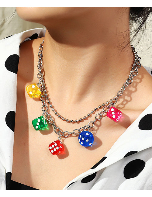 N1450 Silver Multi Color Dice Necklace FREE Earrings - Iris Fashion Jewelry