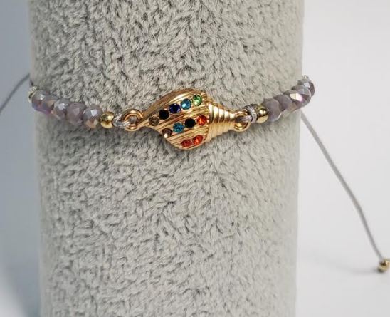 *B75 Gray Cord Bead Multi Color Rhinestone Conch Shell Bracelet - Iris Fashion Jewelry