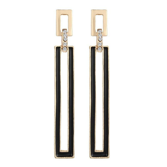 E481 Gold Black Long Rectangle with Rhinestones Earrings - Iris Fashion Jewelry