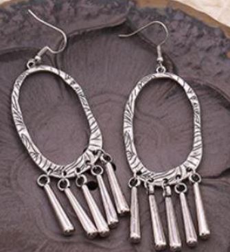 *E1049 Silver Decorated Oval Tassel Earrings - Iris Fashion Jewelry