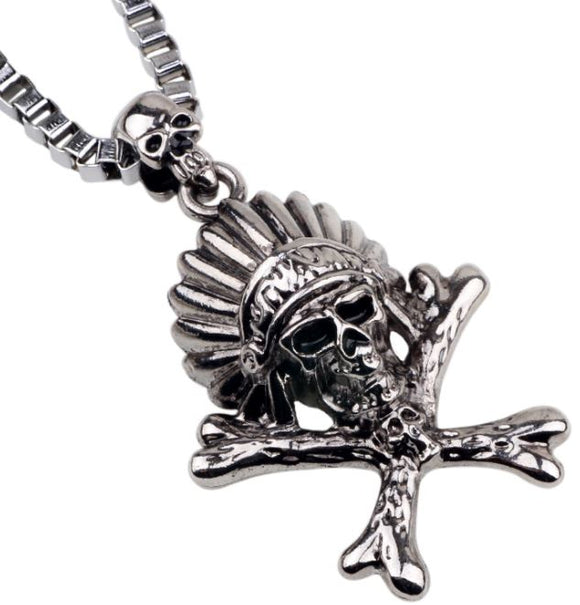 N563 Silver Native American Skull with Crossbones Pendant Necklace - Iris Fashion Jewelry