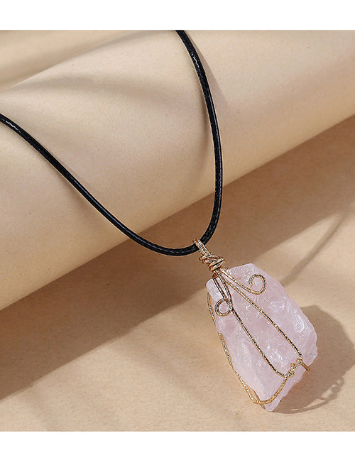 N261 Pink Imitation Natural Stone on Leather Cord Necklace FREE Earrings - Iris Fashion Jewelry