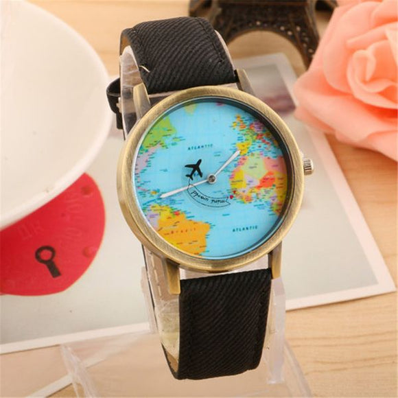 W108 Black Band Globe Collection Quartz Watch - Iris Fashion Jewelry