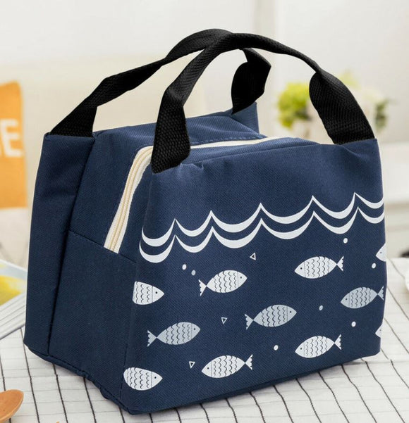 G208 Navy Blue Fish Design Insulated Lunch Tote with Zipper Closure - Iris Fashion Jewelry