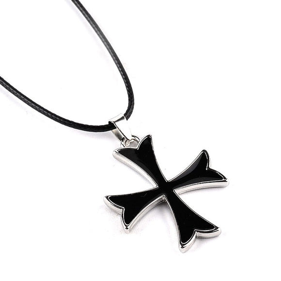N1292 Silver Black Enamel Templar Cross on Leather Cord Necklace - Iris Fashion Jewelry