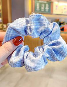 H580 Pale Blue & White Plaid Design Hair Scrunchie - Iris Fashion Jewelry