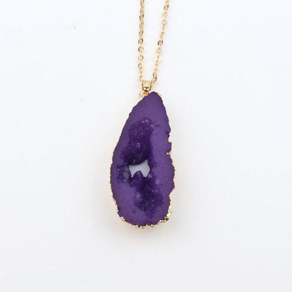 N35 Gold Purple Imitation Natural Stone Pendant Necklace with FREE Earrings - Iris Fashion Jewelry