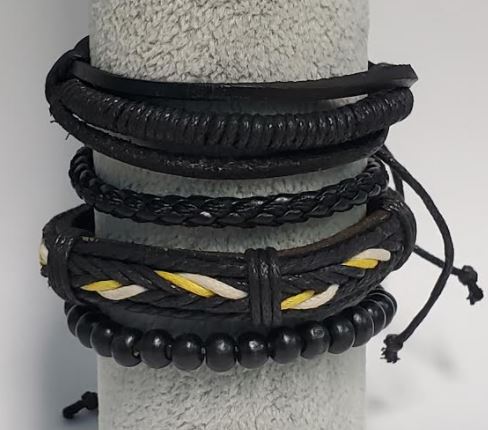 B185 Black Leather Yellow & White Wood Bead Bracelet Set - Iris Fashion Jewelry