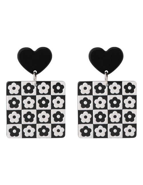 E898 Black Heart Square Flower Acrylic Earrings - Iris Fashion Jewelry