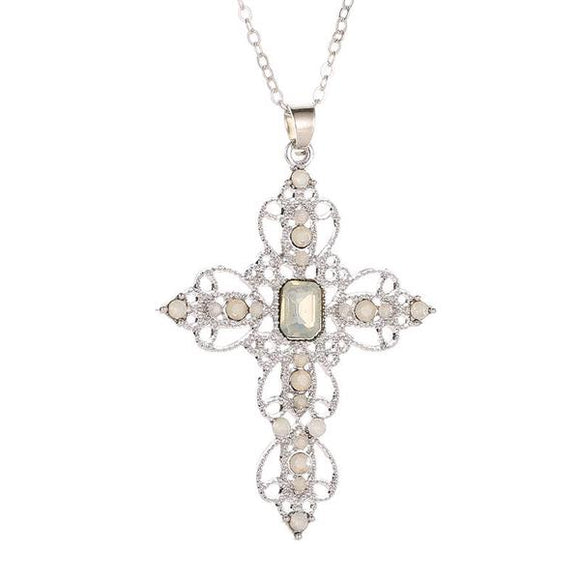 N240 Silver & White Gem Cross Necklace With Free Earrings - Iris Fashion Jewelry