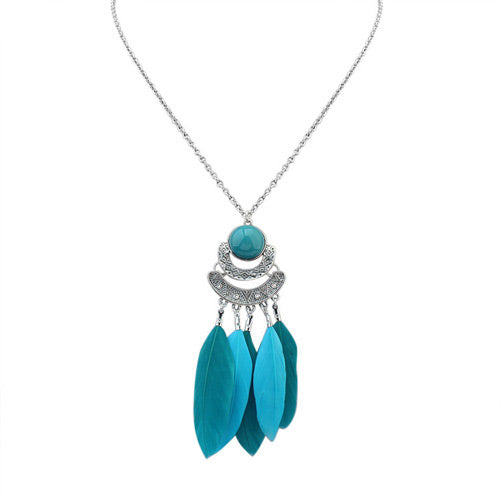 N787 Silver Turquoise Feather Tassel Necklace with FREE Earrings - Iris Fashion Jewelry