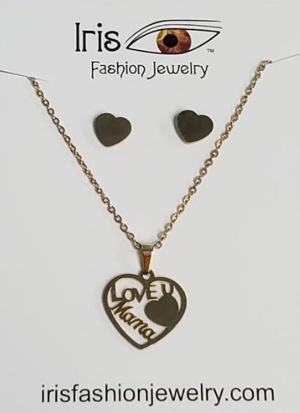 N1745 Gold Love You Mama Heart Necklace with FREE Earrings - Iris Fashion Jewelry