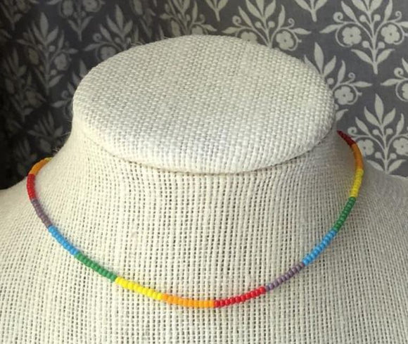 N537 Silver Rainbow Seed Bead Choker Necklace with FREE Earrings - Iris Fashion Jewelry