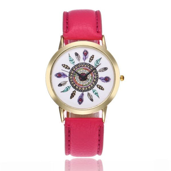 W300 Hot Pink Band Colorful Feathers Collection Quartz Watch - Iris Fashion Jewelry