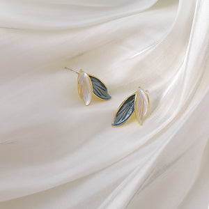 E1650 Gold White & Blue Leaf Earrings - Iris Fashion Jewelry