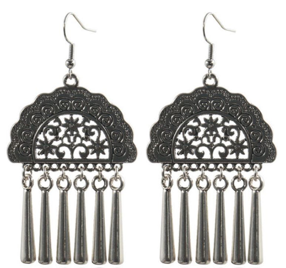 E85 Silver Flower Decorated Tassel Earrings - Iris Fashion Jewelry