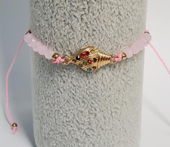 *B722 Light Pink Cord Bead Multi Color Rhinestone Conch Shell Bracelet - Iris Fashion Jewelry