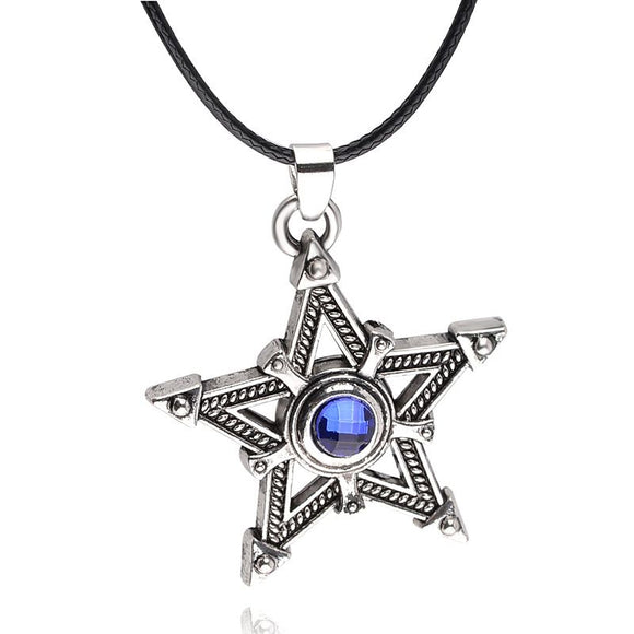 N247 Silver Star Blue Gemstone Pendant on Leather Cord Necklace - Iris Fashion Jewelry