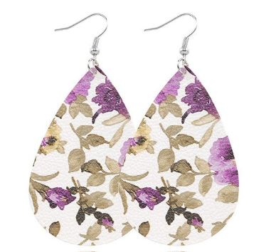 *E1224 Floral Pattern Leather Teardrop Earrings - Iris Fashion Jewelry