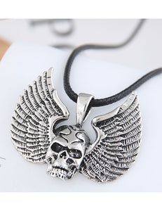 N1344 Silver Winged Skull on Leather Cord Necklace - Iris Fashion Jewelry