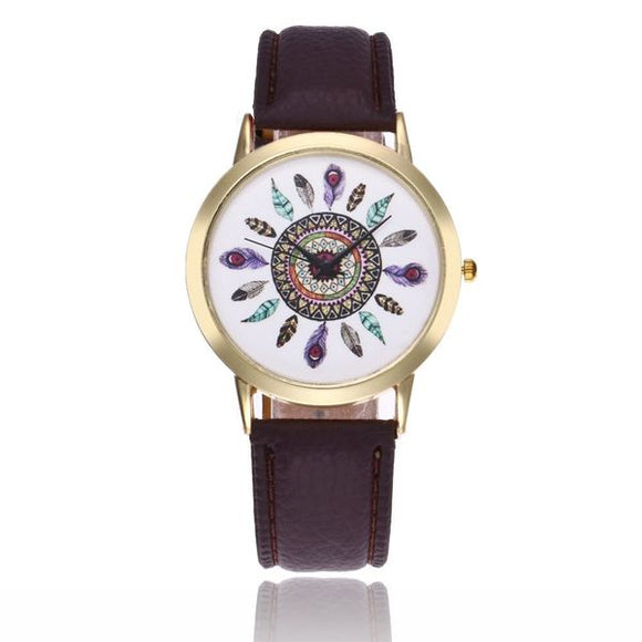 W297 Brown Band Colorful Feathers Collection Quartz Watch - Iris Fashion Jewelry