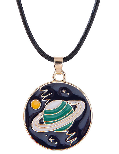 L497 Planet with Ring on Leather Cord Necklace - Iris Fashion Jewelry