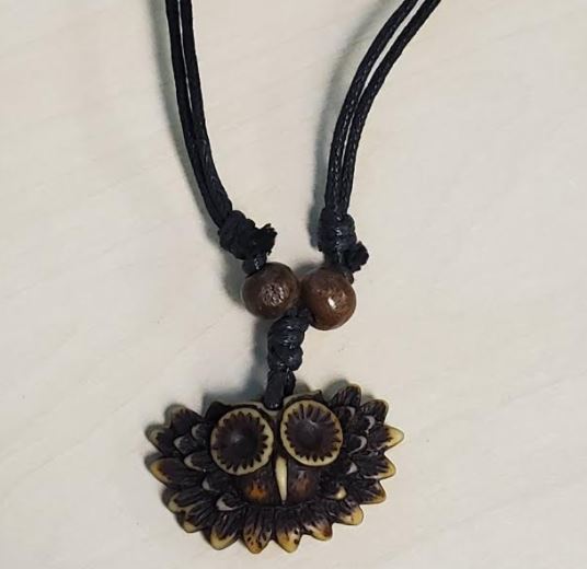 N1580 Owl Face on Leather Cord Necklace - Iris Fashion Jewelry