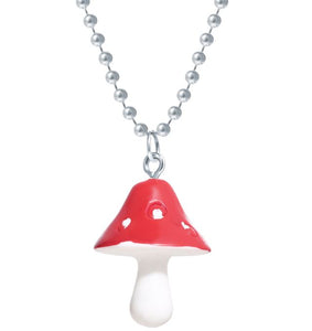 N1288 Red Mushroom on Beaded Chain Necklace with FREE Earrings - Iris Fashion Jewelry