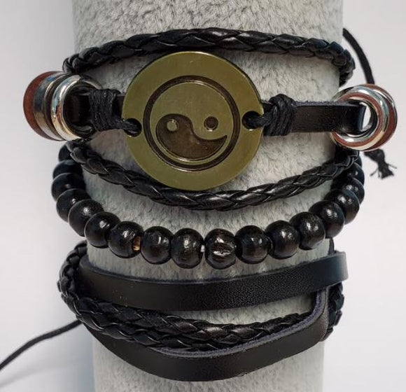 B907 Black Leather Yin Yang Bracelet Set - Iris Fashion Jewelry