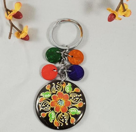 K02 Orange Flower Design Coconut Shell Colorful Wooden Disk Keychain - Iris Fashion Jewelry