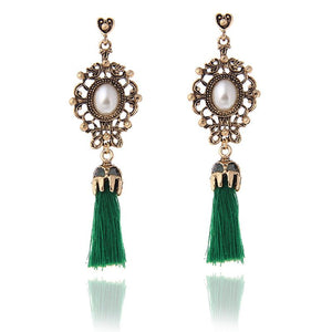 E823 Gold Pearl Green Tassel Earrings - Iris Fashion Jewelry