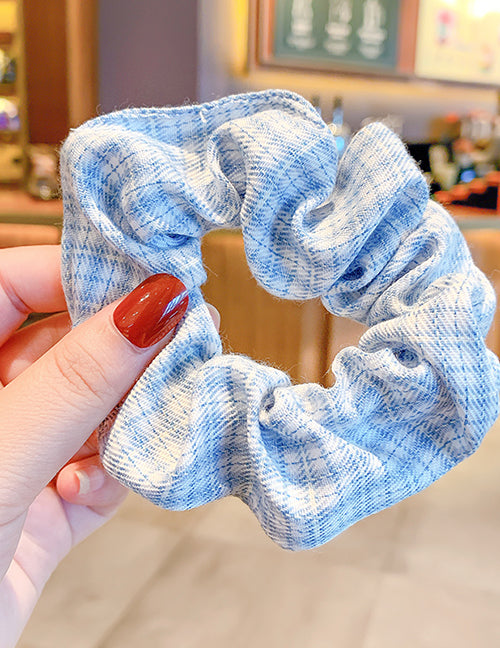 H582 Blue & White Small Plaid Design Hair Scrunchie - Iris Fashion Jewelry