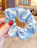 H582 Blue & White Small Plaid Design Hair Scrunchie - Iris Fashion Jewelry