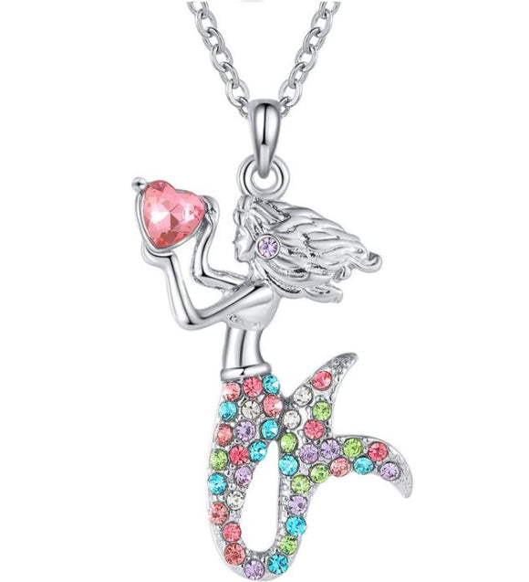N548 Silver Multi Color Rhinestone Mermaid Necklace with Free Earrings - Iris Fashion Jewelry