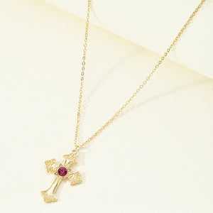 N31 Gold Cross Fuchsia Gemstone Necklace with Free Earrings - Iris Fashion Jewelry