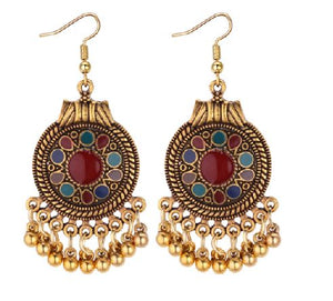 E728 Gold Round Red and Multi Tassel Earrings - Iris Fashion Jewelry