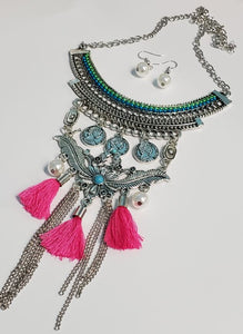 N1778 Silver Coin Hot Pink Tassel Design Necklace with FREE Earrings - Iris Fashion Jewelry