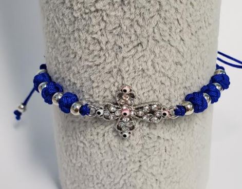 B901 Royal Blue Cord Rhinestone Cross Bracelet - Iris Fashion Jewelry