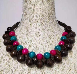 N1207 Brown Hot Pink & Turquoise Double Row Wooden Necklace with FREE Earrings - Iris Fashion Jewelry