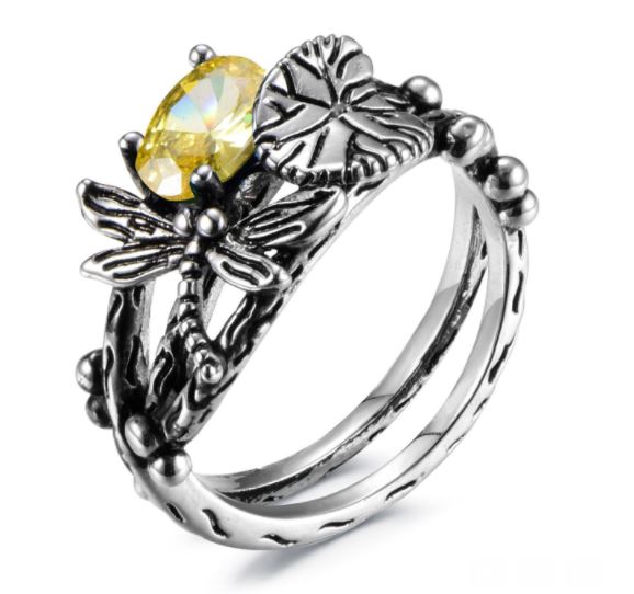 R29 Silver Yellow Gemstone Dragonfly Ring - Iris Fashion Jewelry