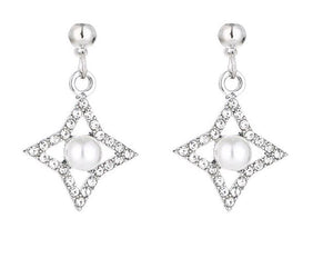 E622 Silver Rhinestone Diamond Shape Pearl Earrings - Iris Fashion Jewelry