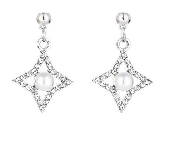 E622 Silver Rhinestone Diamond Shape Pearl Earrings - Iris Fashion Jewelry